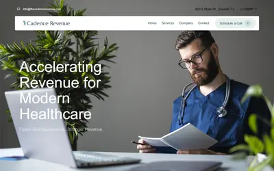 Cadence Revenue website homepage with the headline Accelerating Revenue for Modern Healthcare