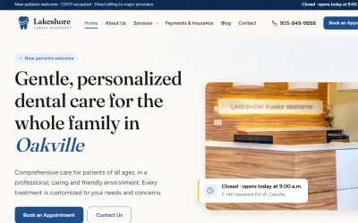 Lakeshore Family Dentistry website homepage with the headline Gentle, personalized dental care for the whole family in Oakville