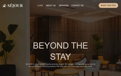 Séjour website homepage with a hotel lobby photo and the headline Beyond the Stay